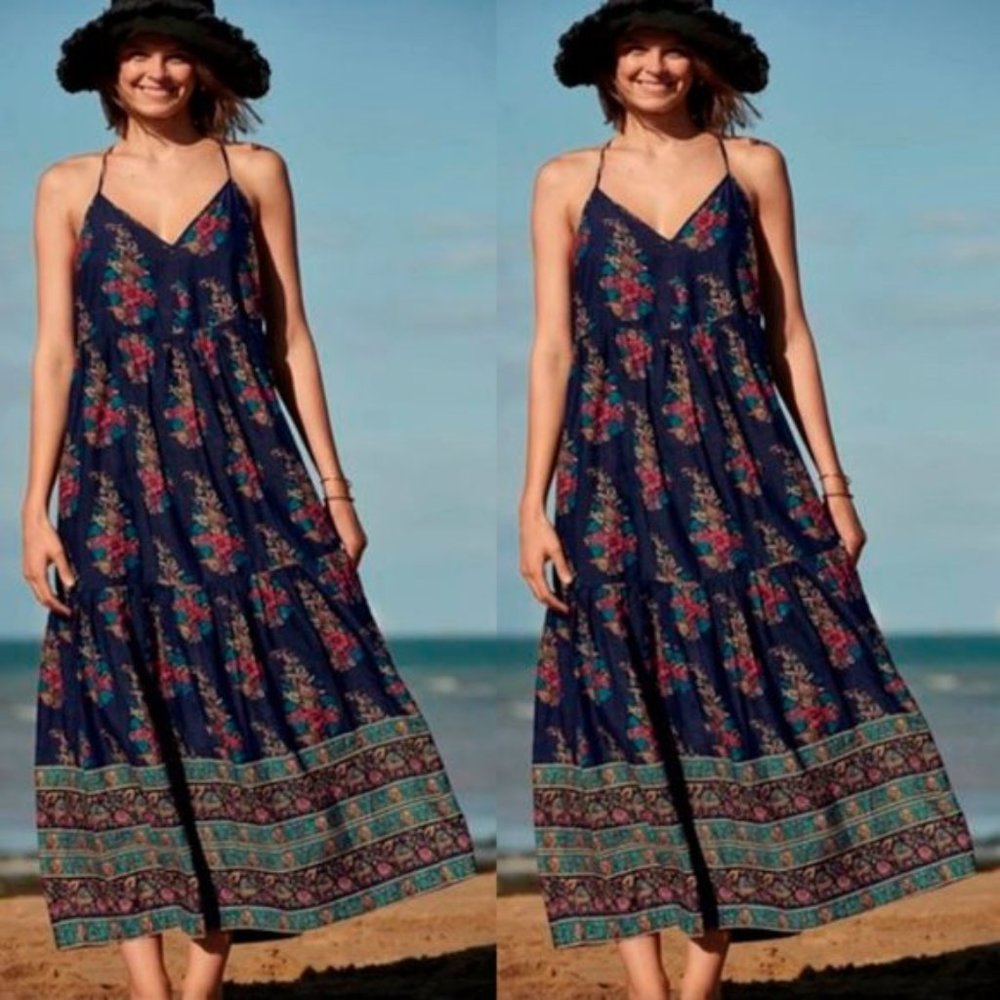 Anthropologie Navy Floral Maxi Dress with Teal Border